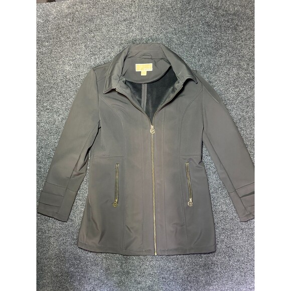 Michael Kors Women's Black Softshell Zip Front Jacket M Gold Accents - Picture 1 of 3